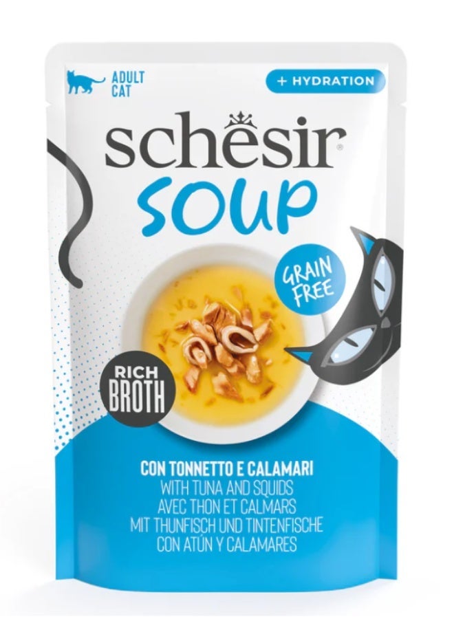 Schesir Soup for Adult Cats – Tuna with Squid – Grain-Free Wet Food – Rich Broth for Hydration – 85 g (Pack of 4) - Image 1
